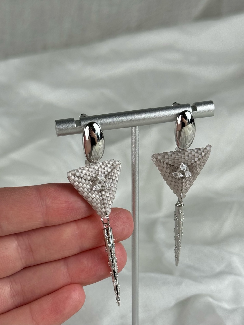 Beaded Smoky Quartz Triangle Long Earrings